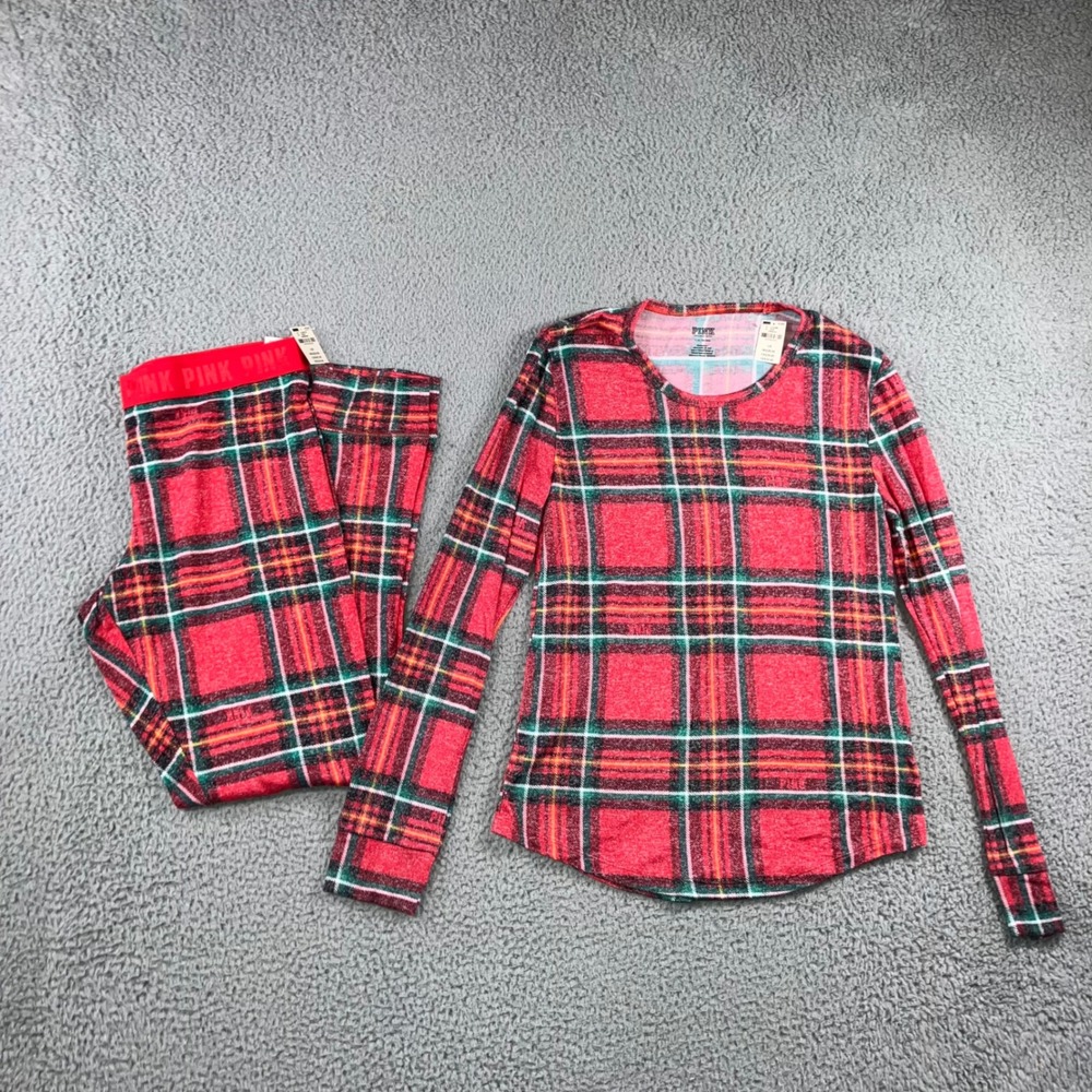 PINK Victoria's‎ Secret Plaid Pajama Set Women Large Top and Pants Christmas